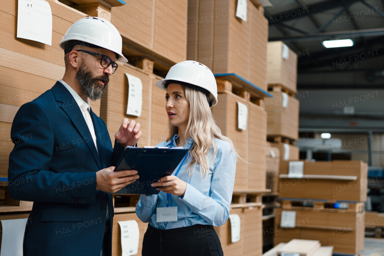 Female warehouse manager talking with logistics employee in warehouse, planning transport of products, goods, talking shipping process. Storing products and materials in warehouse.