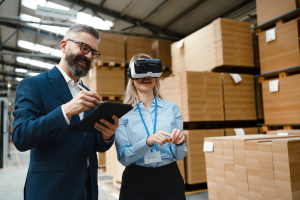 Warehouse managers talking logistics using VR, controlling stock levels, discussing shipping process. Virtual reality in inventory management. Smart glasses guiding female manager through warehouse, recording tracking data and quicken picking process.