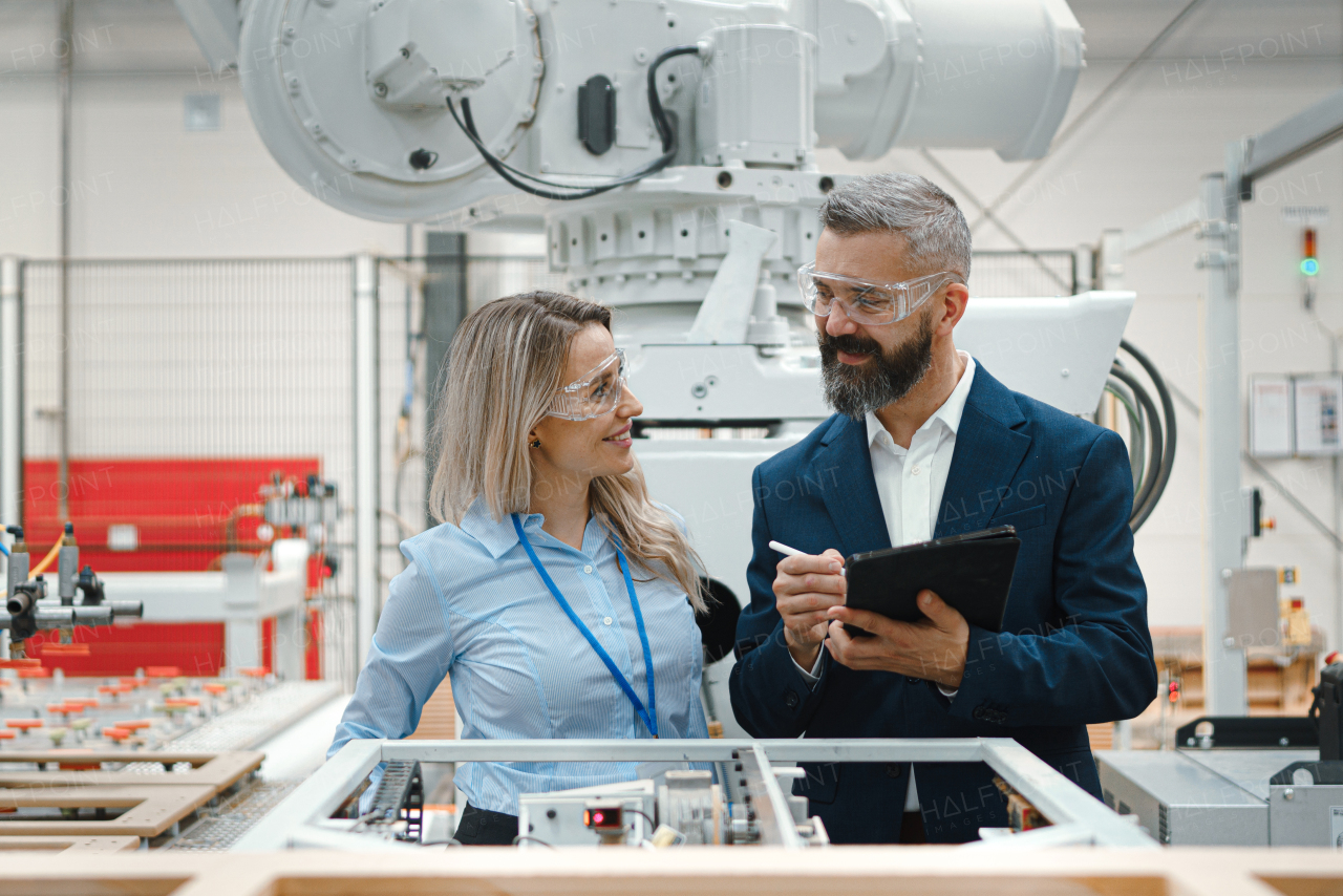 Female engineer and male production manager standing in modern industrial factory, talking about production. Manufacturing facility with robotics, robotic arms and automation.