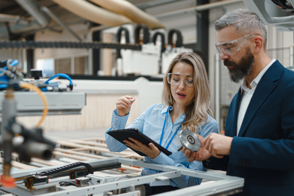 Female engineer and male project manager standing in modern industrial factory by precision robotic arm. Manufacturing facility with robotics, robotic arms, automation, industrial robotic manipulators.