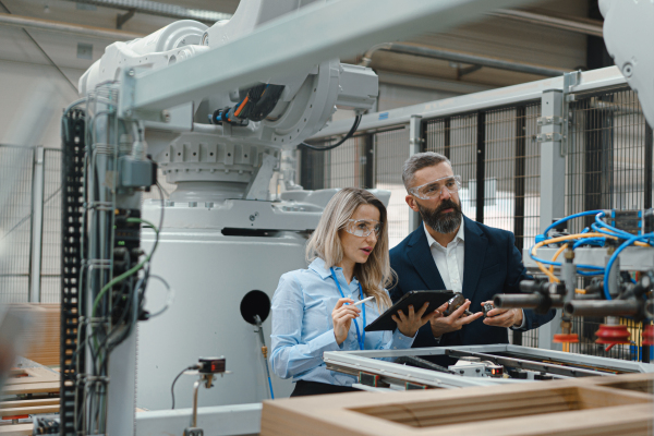 Female engineer and male project manager standing in modern industrial factory by precision robotic arm. Robot assembling wooden furniture in furniture manufacturing facility with industrial robotic manipulators.