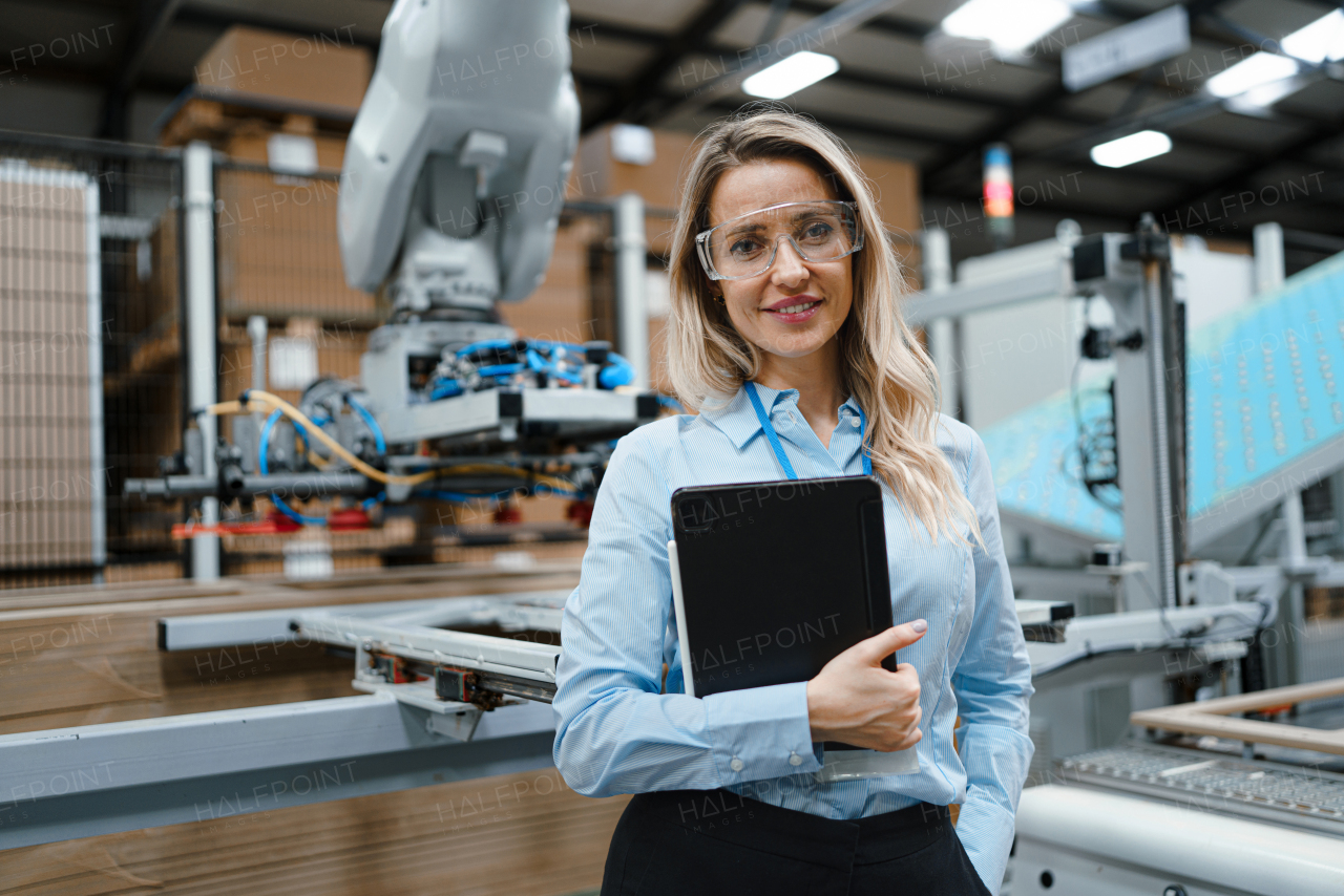 Portrait of female manager standing in modern industrial factory. Manufacturing facility with robotics and automation. Female leader, CEO in heavy industry, manufactury.