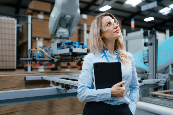 Portrait of female manager standing in modern industrial factory. Manufacturing facility with robotics and automation. Female leader, CEO in heavy industry, manufactury.