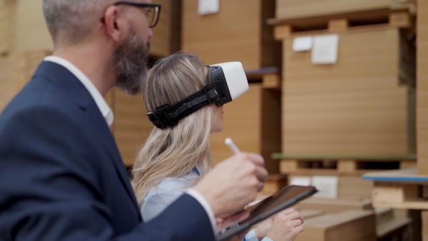 Warehouse managers talking logistics using VR, controlling stock levels, discussing shipping process. Virtual reality in inventory management. Smart glasses guiding female manager through warehouse, recording tracking data and quicken picking process.