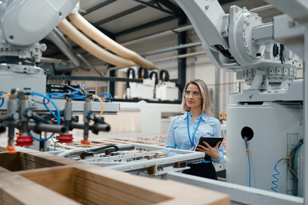 Female engineer in modern industrial factory, checking robotic arm, controling process and manufacturing equipment or machinery. Quality assurance inspectors in manufacturing facility with robotics and automation.