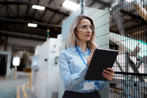 Portrait of female manager standing in modern industrial factory. Manufacturing facility with robotics and automation. Female leader, CEO in heavy industry, manufactury.