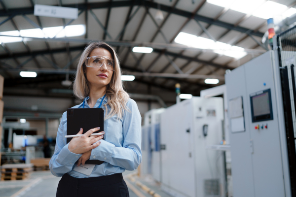 Portrait of female manager standing in modern industrial factory. Manufacturing facility with robotics and automation. Female leader, CEO in heavy industry, manufactury.