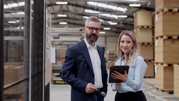 Female engineer and male project manager standing in modern industrial factory, talking about production. Manufacturing facility with robotics, robotic arms and automation.