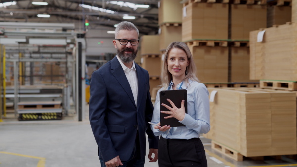 Female engineer and male project manager standing in modern industrial factory, talking about production. Manufacturing facility with robotics, robotic arms and automation.