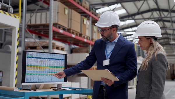 Rear view of female engineer and male supervisor standing in modern industrial factory, talking about production. Team management in manufacturing facility