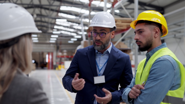 Engineers consulting with director in modern industrial factory, talking about new production project, investment. Team management in manufacturing facility.