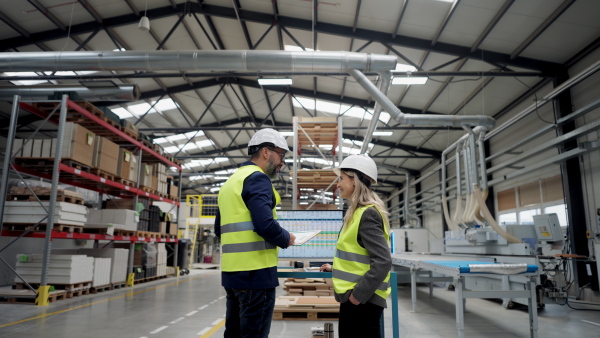 Rear view of female engineer and male supervisor standing in modern industrial factory, talking about production. Team management in manufacturing facility