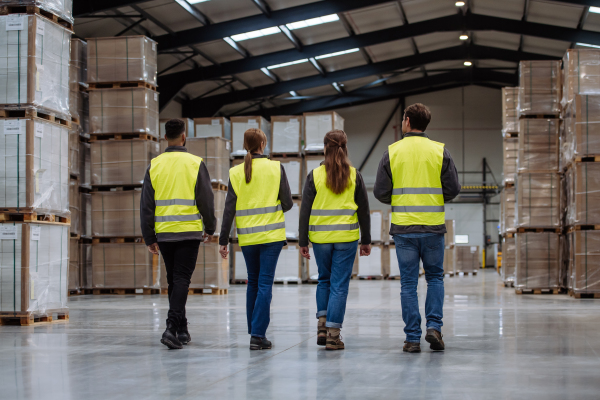 Rear view of warehouse workers in reflective vest walking in warehouse. Team of warehouse workers preparing products for shipment.