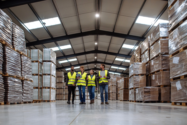 Front view of warehouse workers in reflective vest walking in warehouse. Team of warehouse workers preparing products for shipment.