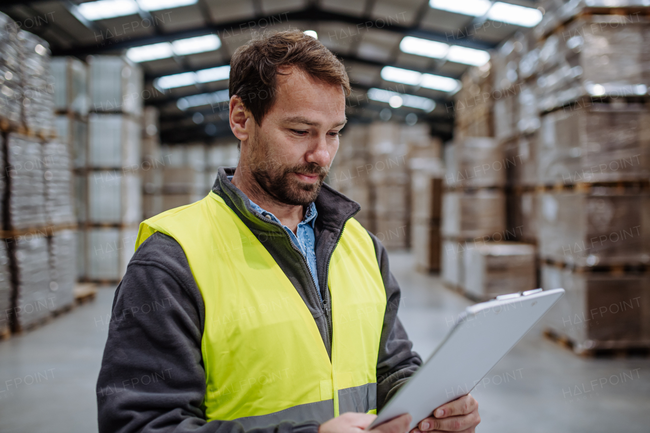 Portrait of a warehouseman with clipboard checking delivery, stock in warehouse. Warehouse worker preparing products for shipment.