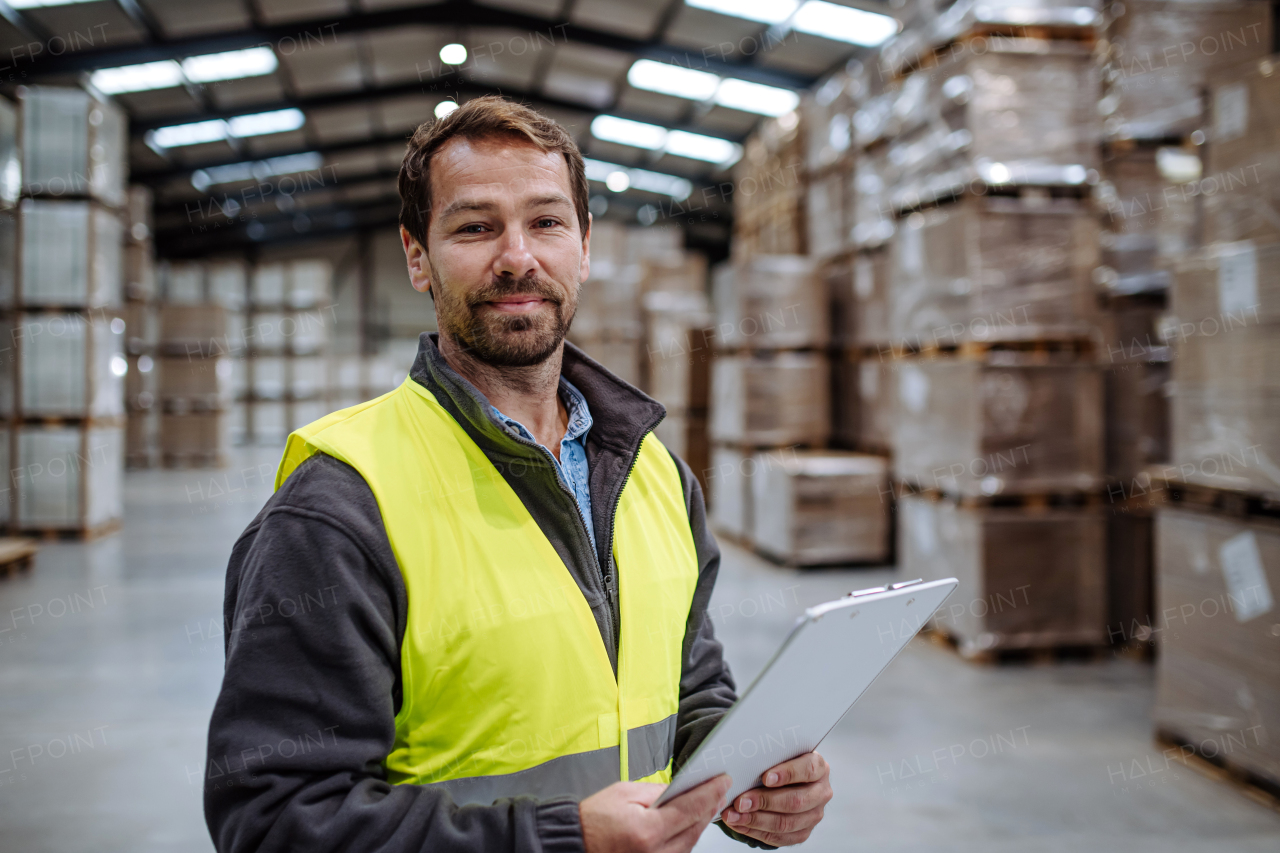 Portrait of a warehouseman with clipboard checking delivery, stock in warehouse. Warehouse worker preparing products for shipment.