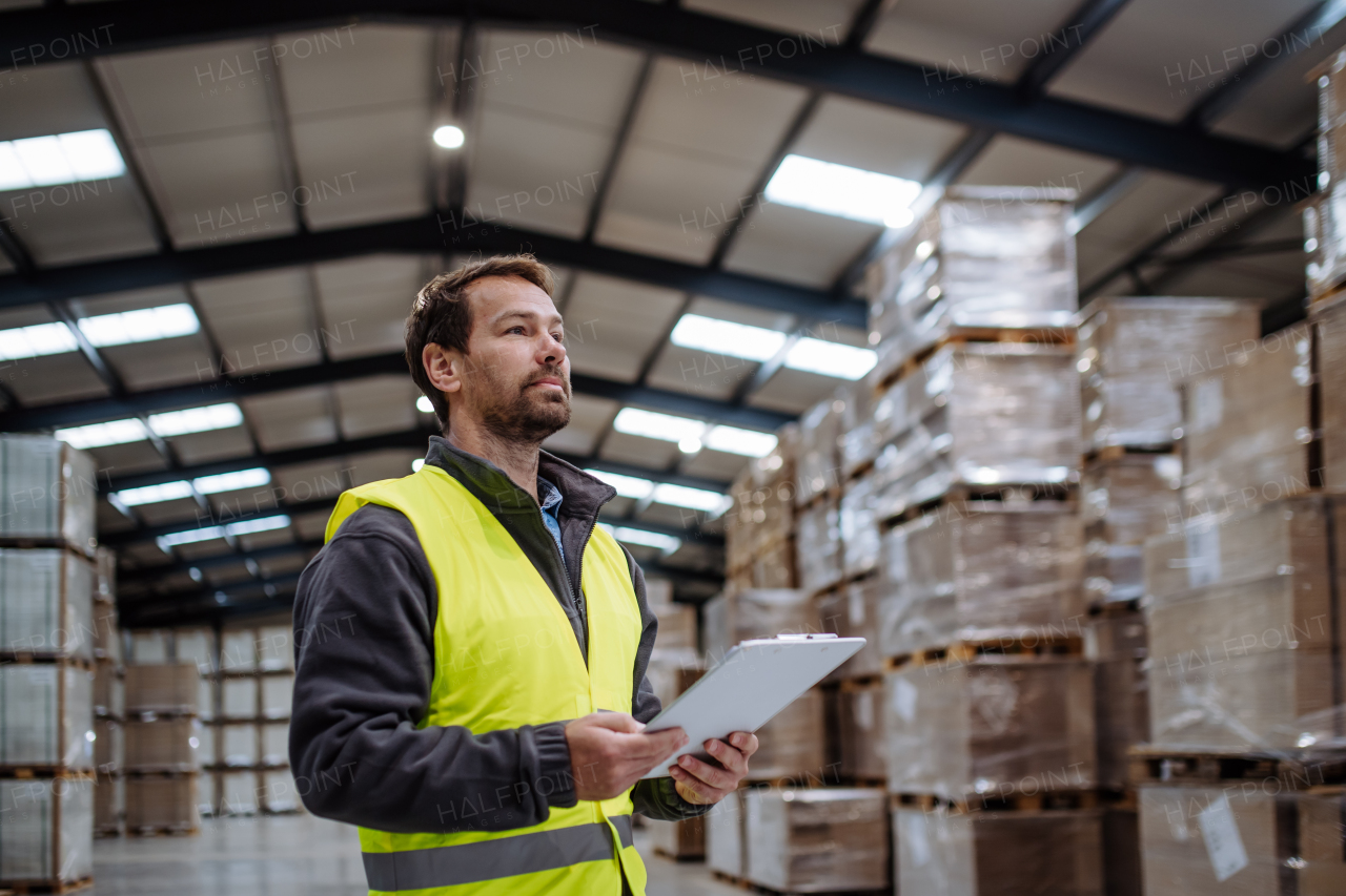 Portrait of a warehouseman with clipboard checking delivery, stock in warehouse. Warehouse worker preparing products for shipment.