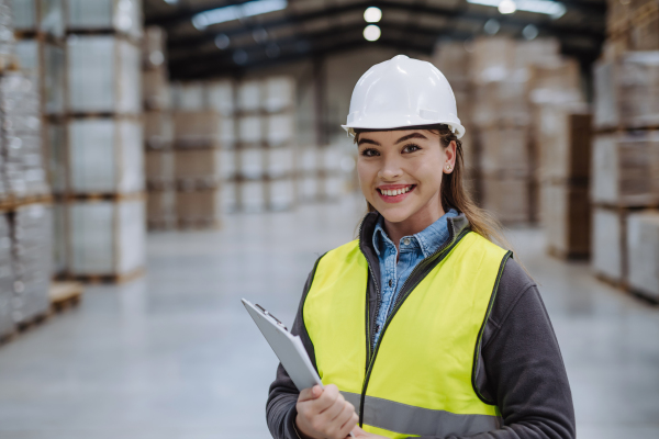 Female warehouse worker reading product order, order picking. Warehouse manager checking delivery, stock in warehouse, inspecting products for the shipment.