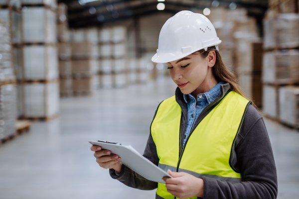 Female warehouse worker reading product order, order picking. Warehouse manager checking delivery, stock in warehouse, inspecting products for the shipment.