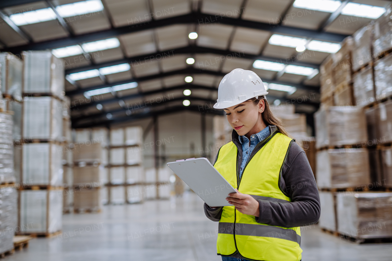 Female warehouse worker reading product order, order picking. Warehouse manager checking delivery, stock in warehouse, inspecting products for the shipment.