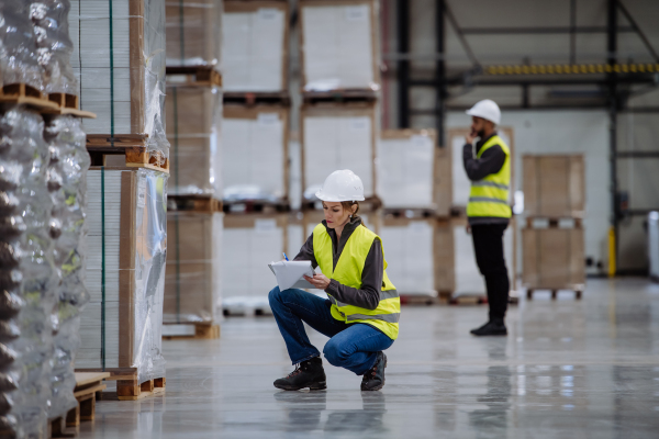 Female warehouse worker reading product order, order picking. Warehouse manager checking delivery, stock in warehouse, inspecting products for the shipment.