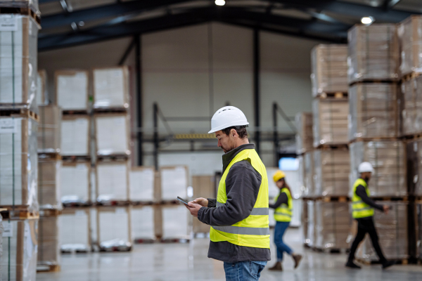 Side view of warehouseman with tablet checking delivery, stock in warehouse. Warehouse manager using warehouse management software, app.