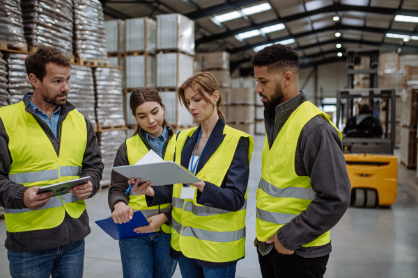 Warehouse workers reading product order, order picking. Warehouse manager checking delivery, stock in warehouse, inspecting products for shipment, talking with colleague.