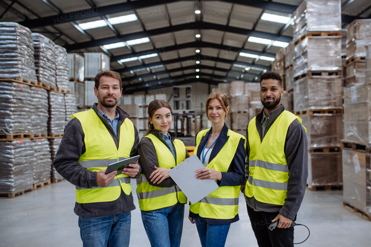 Full team of warehouse employees standing in warehouse. Team of workers in reflective clothing in modern industrial factory, heavy industry, manufactrury. Group portrait.