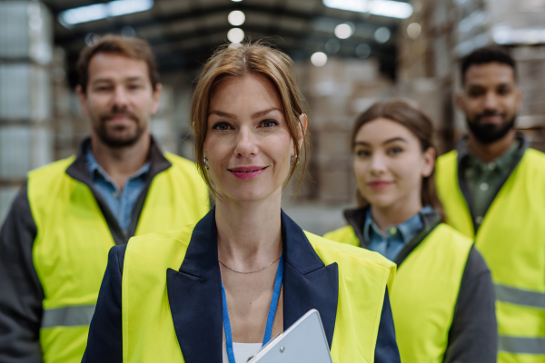 Full team of warehouse employees standing in warehouse. Team of workers in reflective clothing in modern industrial factory, heavy industry, manufactrury. Group portrait.