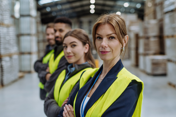 Full team of warehouse employees standing in warehouse. Team of workers in reflective clothing in modern industrial factory, heavy industry, manufactrury. Group portrait.