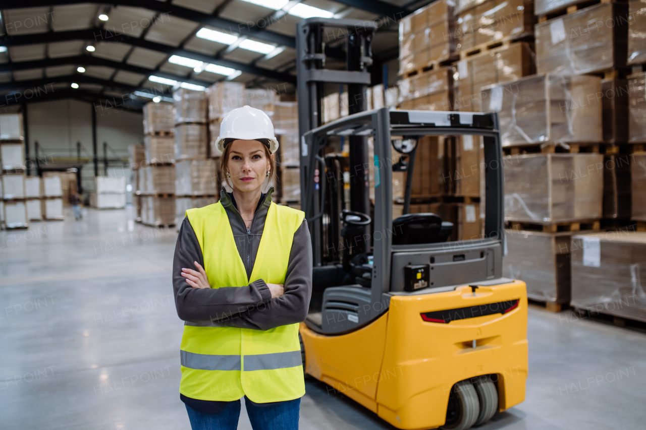 Portrait of female warehouse worker standing by forklift. Warehouse worker preparing products for shipmennt, delivery, checking stock in warehouse.