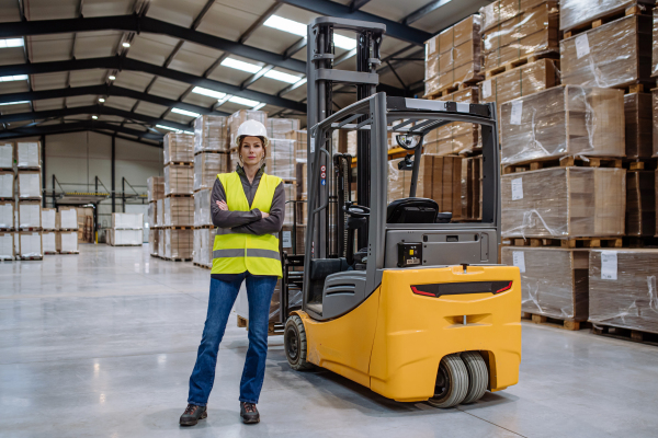 Female forklift driver with helmet standing by forklift. Warehouse worker preparing products for shipmennt, delivery, checking stock in warehouse.