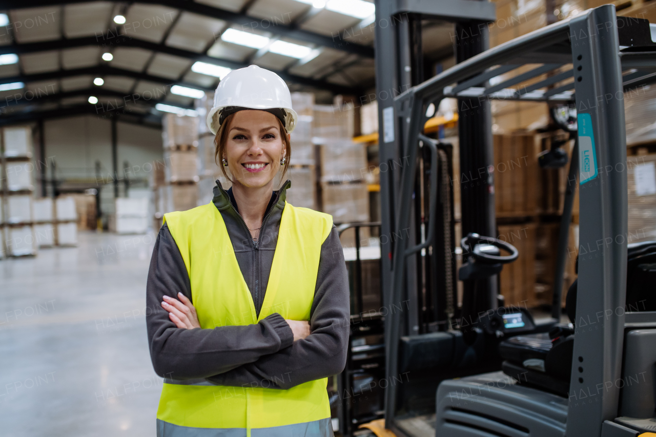 Portrait of female warehouse worker standing by forklift. Warehouse manager checking delivery, stock in warehouse, inspecting products for shipment.