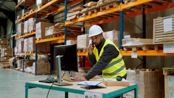 Video of warehouseman checking delivery, stock in warehouse on company pc, computer. Warehouse manager using warehouse management software, app.