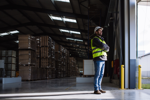 Portrait of handsome warehouse worker taking break from work, standing and looking outdoors. Worker in reflective clothes, with copy space.