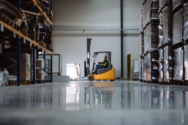 Side view of forklift in warehouse with male driver. Warehouse worker preparing products for shipmennt, delivery, checking stock in the warehouse.