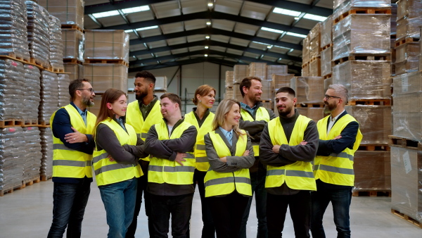 Full team of warehouse employees standing in warehouse. Team of workers in modern industrial factory, heavy industry, manufactrury.