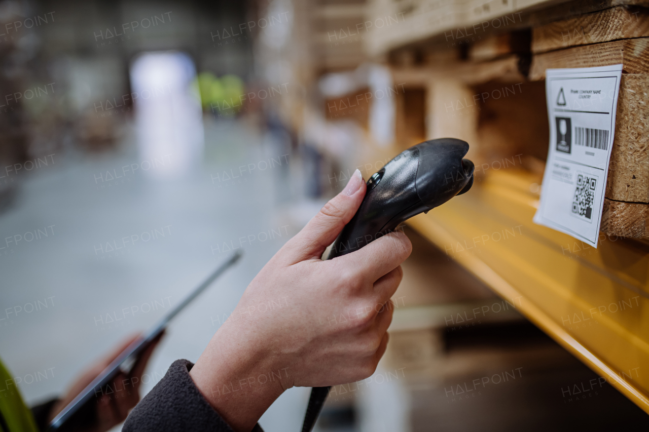 Scanner and scanning the barcodes on products in warehouse. Warehouse manager using warehouse scanning system.