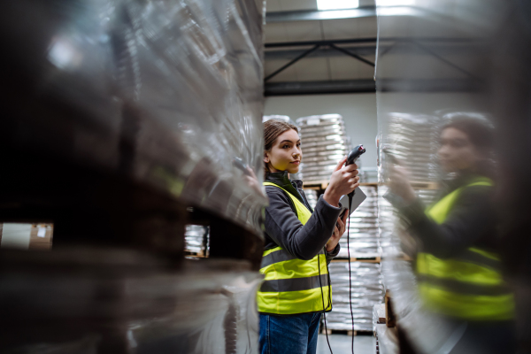 Female warehouse worker holding scanner and scanning the barcodes on products in warehouse. Warehouse manager using warehouse scanning system.