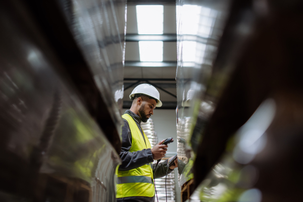 Male warehouse worker holding scanner and scanning the barcodes on products in warehouse. Warehouse manager using warehouse scanning system.