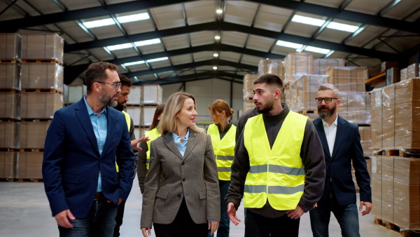 Full team of warehouse employees walking in warehouse. Team of workers, managers and female director in modern industrial factory, heavy industry, manufactrury. Group portrait.