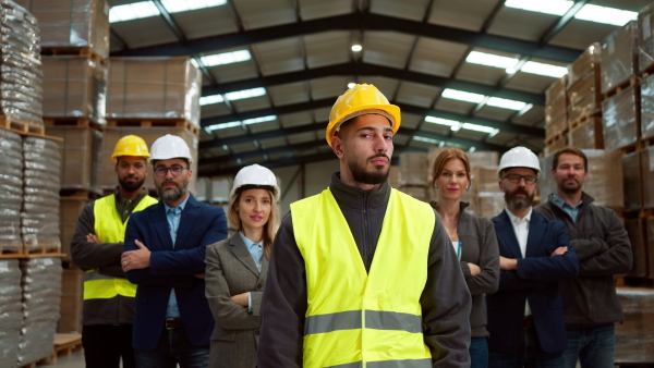 Full team of warehouse employees walking in warehouse. Team of workers, managers and female director in modern industrial factory, heavy industry, manufactrury. Group portrait.