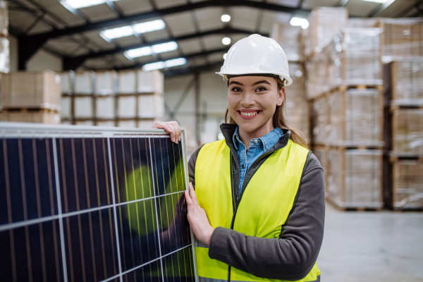 Female worker carrying solar panel in warehouse or factory. Solar panel manufacturer, solar manufacturing.