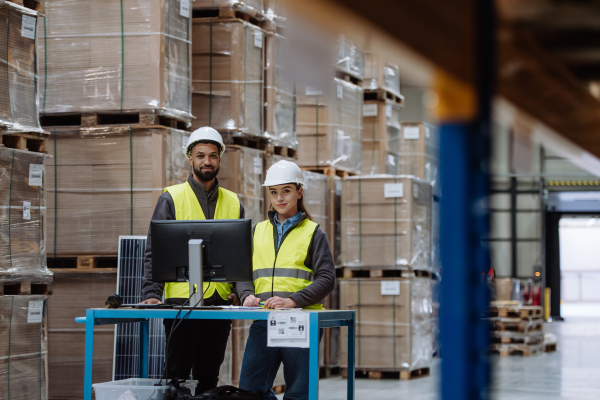 Warehouse manager talking with logistics employee in warehouse, planning transport of products, goods, talking shipping process.