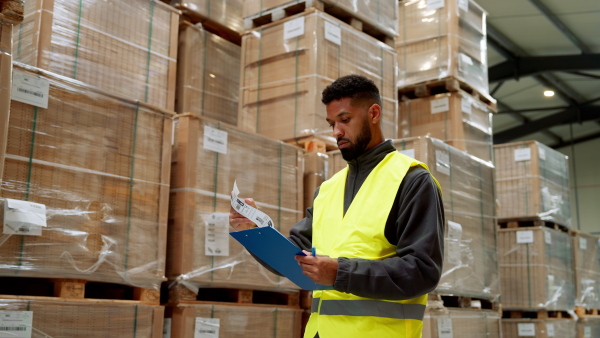 Video of warehouseman checking delivery, stock in warehouse.