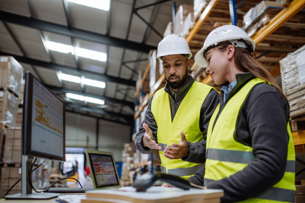 Warehouse manager talking with logistics employee in warehouse, planning transport of products, goods, talking shipping process.