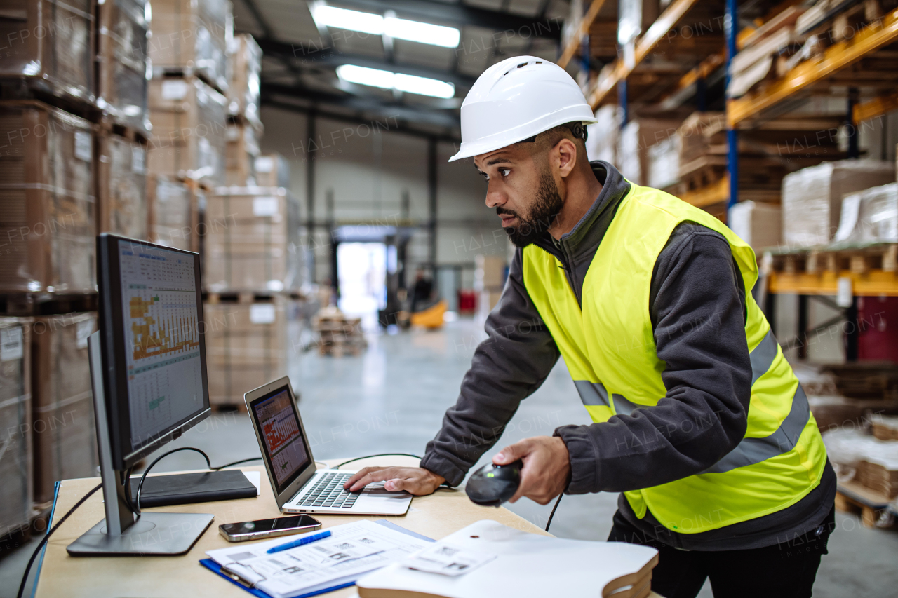 Portrait of warehouseman checking delivery, stock in warehouse on company pc, computer. Warehouse manager using warehouse management software, app.