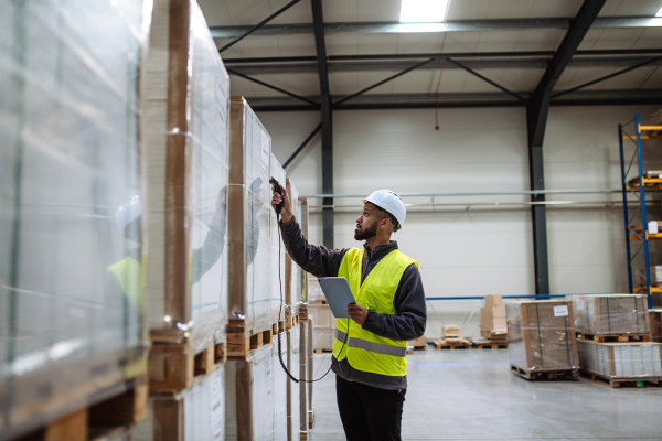 Male warehouse worker holding scanner and scanning the barcodes on products in warehouse. Warehouse manager using warehouse scanning system.