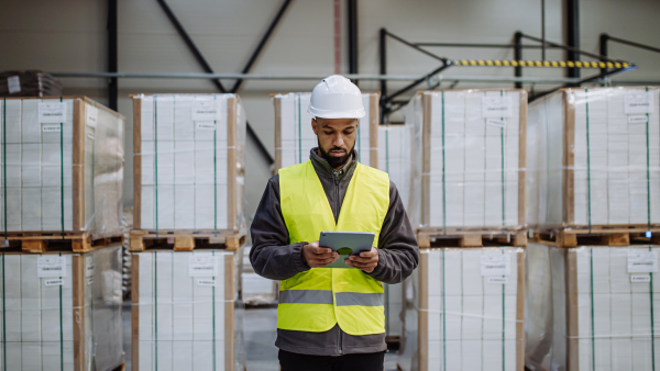 Portrait of warehouseman with tablet checking delivery, stock in warehouse. Warehouse manager using warehouse management software, app.