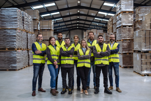 Full team of warehouse employees standing in warehouse. Team of workers, managers and female director in modern industrial factory, heavy industry, manufactrury. Group portrait.